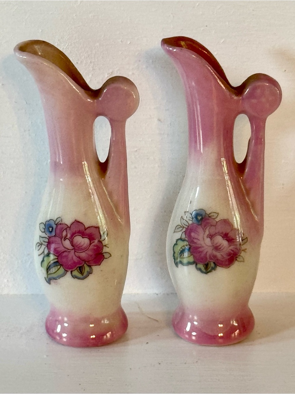 Pair of Vintage Bud / Pitcher Vases Pink Roses